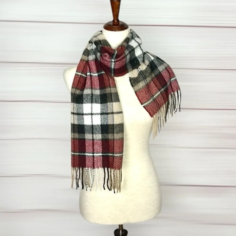 Geoffrey Beene Plaid Wool Scarf Red Gray Beige Made in Italy Vintage Unisex